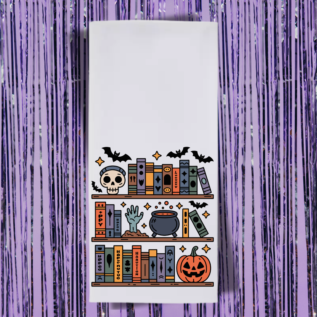 Halloween Bookshelf Tea Towel