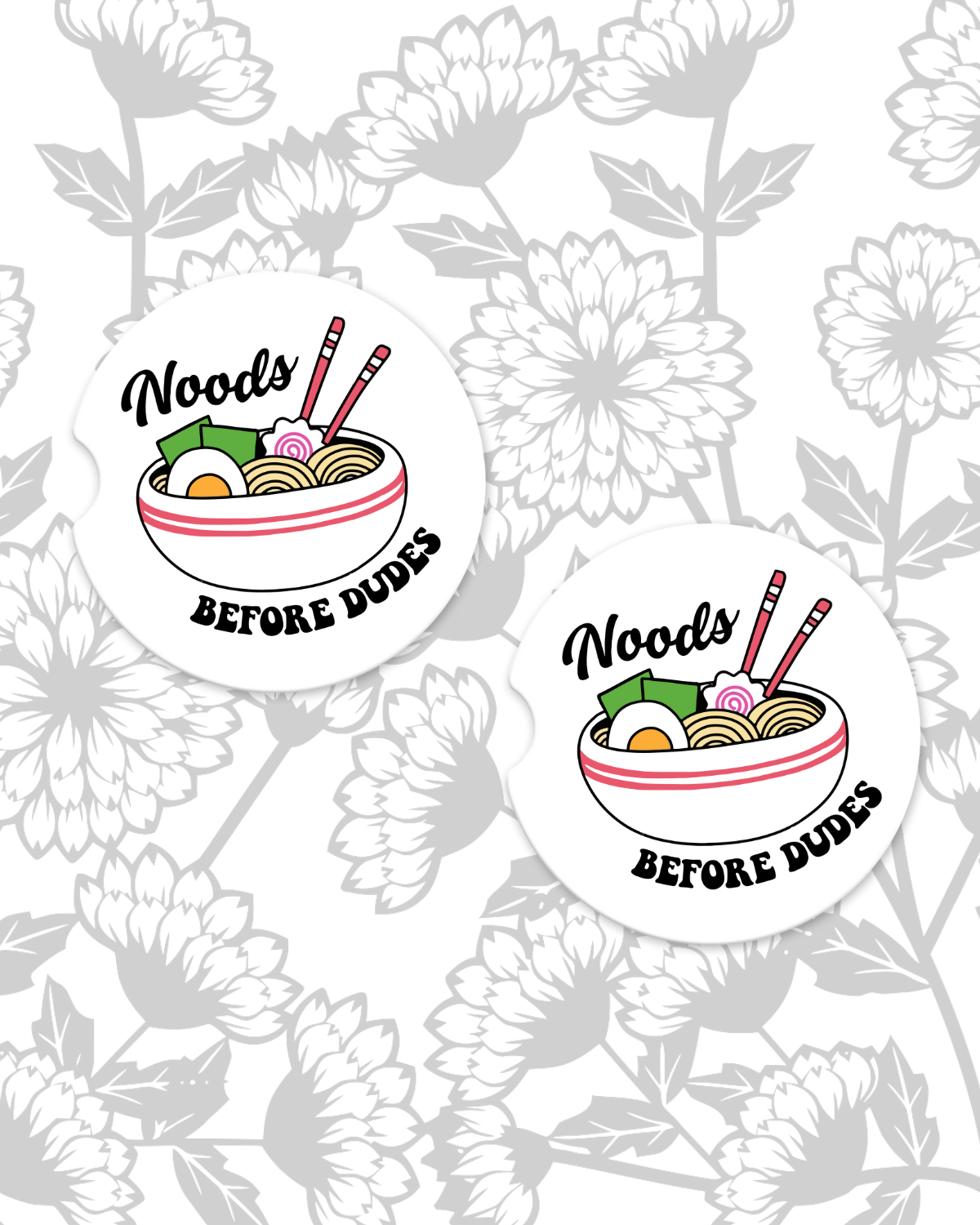 Noods Before Dudes Car Coasters