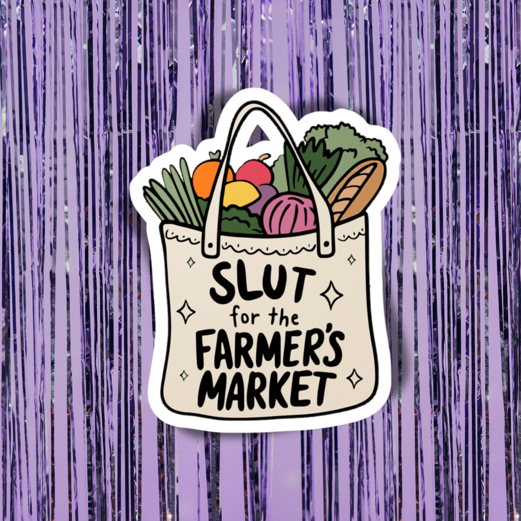 Sticker of a shopping bag with groceries and 'Slut for the Farmer's Market' text on a purple background