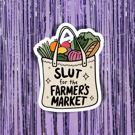 Sticker of a shopping bag with groceries and 'Slut for the Farmer's Market' text on a purple background