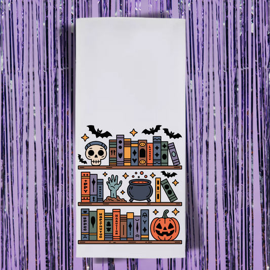Halloween Bookshelf Tea Towel