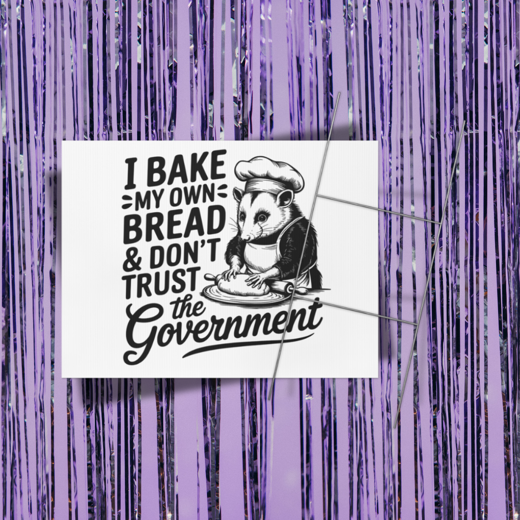 Two signs with bear illustrations and text on a purple tinsel background