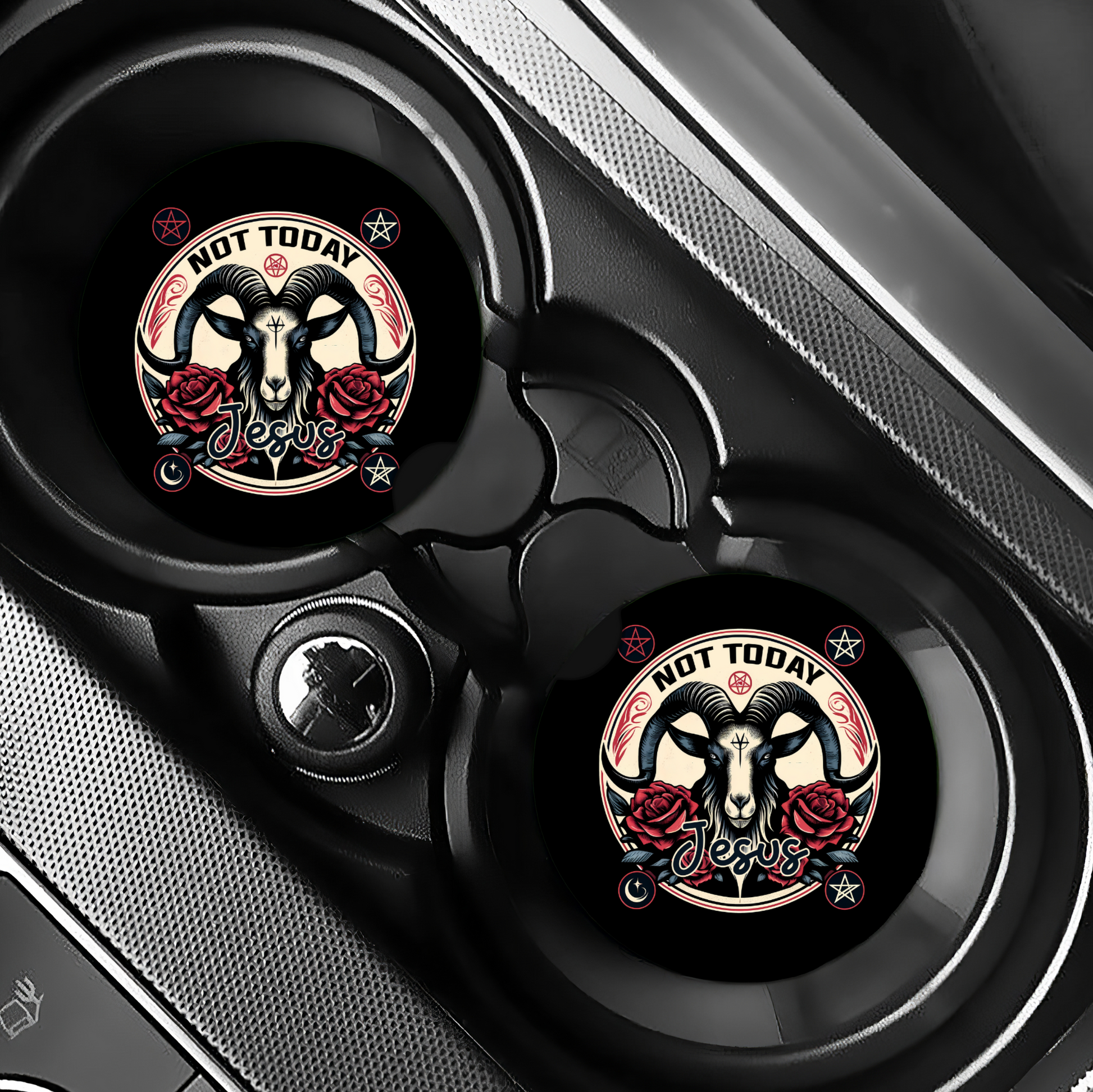 Car cup holder with 'Not Today Jesus' design on a black background