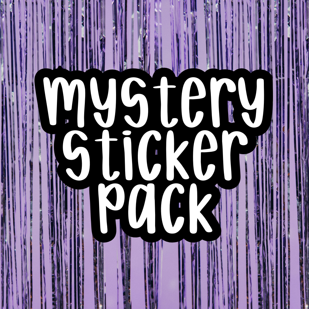 Text 'Mystery Sticker Pack' on a purple background with vertical lines