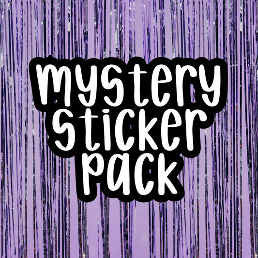 Text 'Mystery Sticker Pack' on a purple background with vertical lines